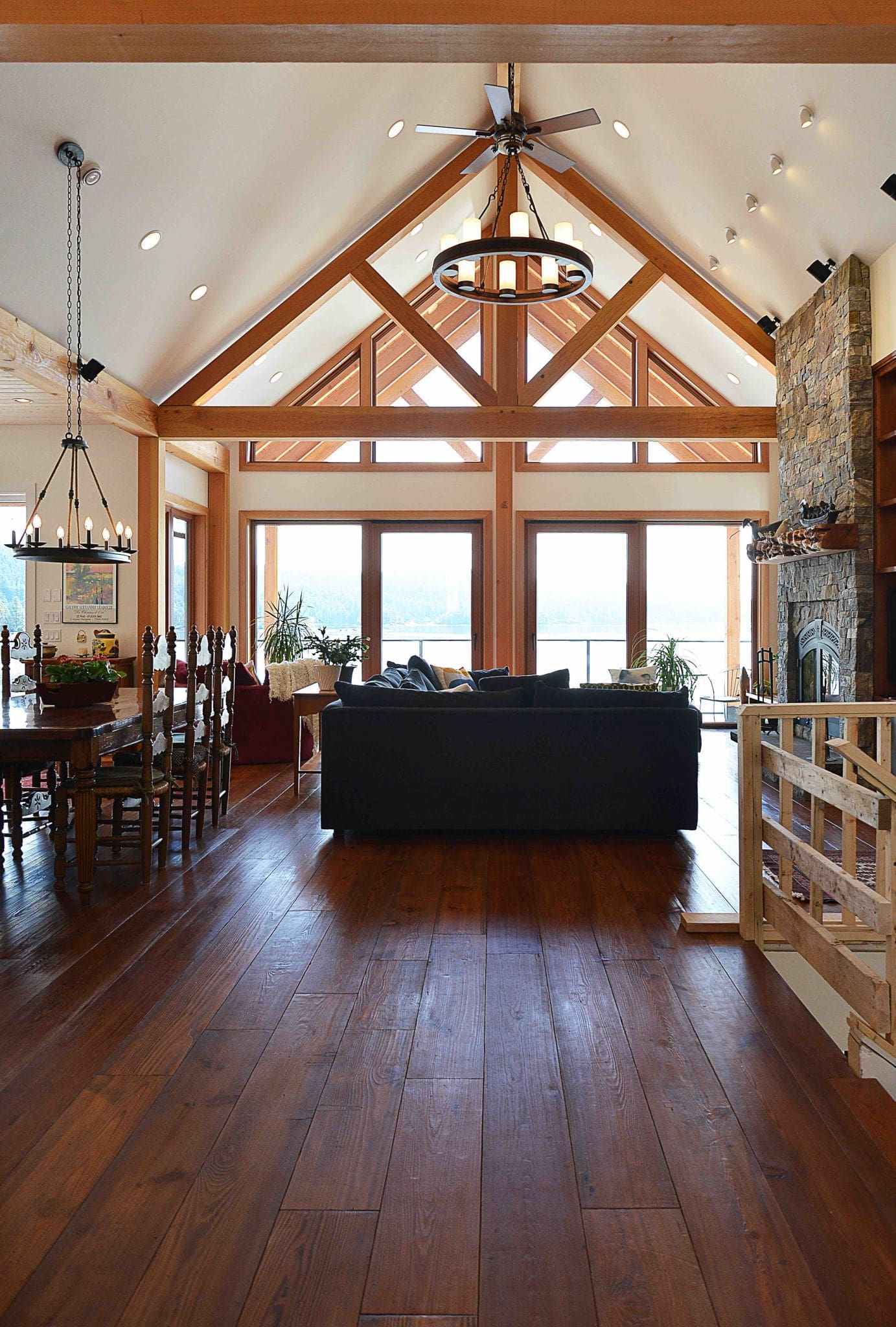 Pender Harbour Timber Frame Home | Streamline Design Ltd Looking into the living room from the foyer